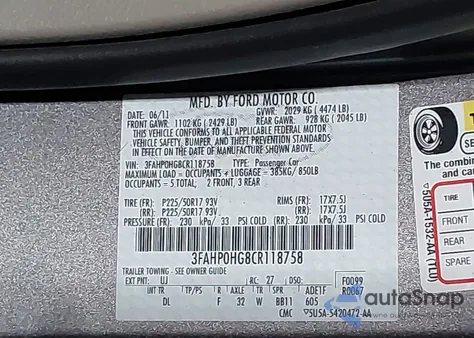 2012 Ford Fusion Se из США, поврежденный, VIN 3FAHP0HG8CR118758